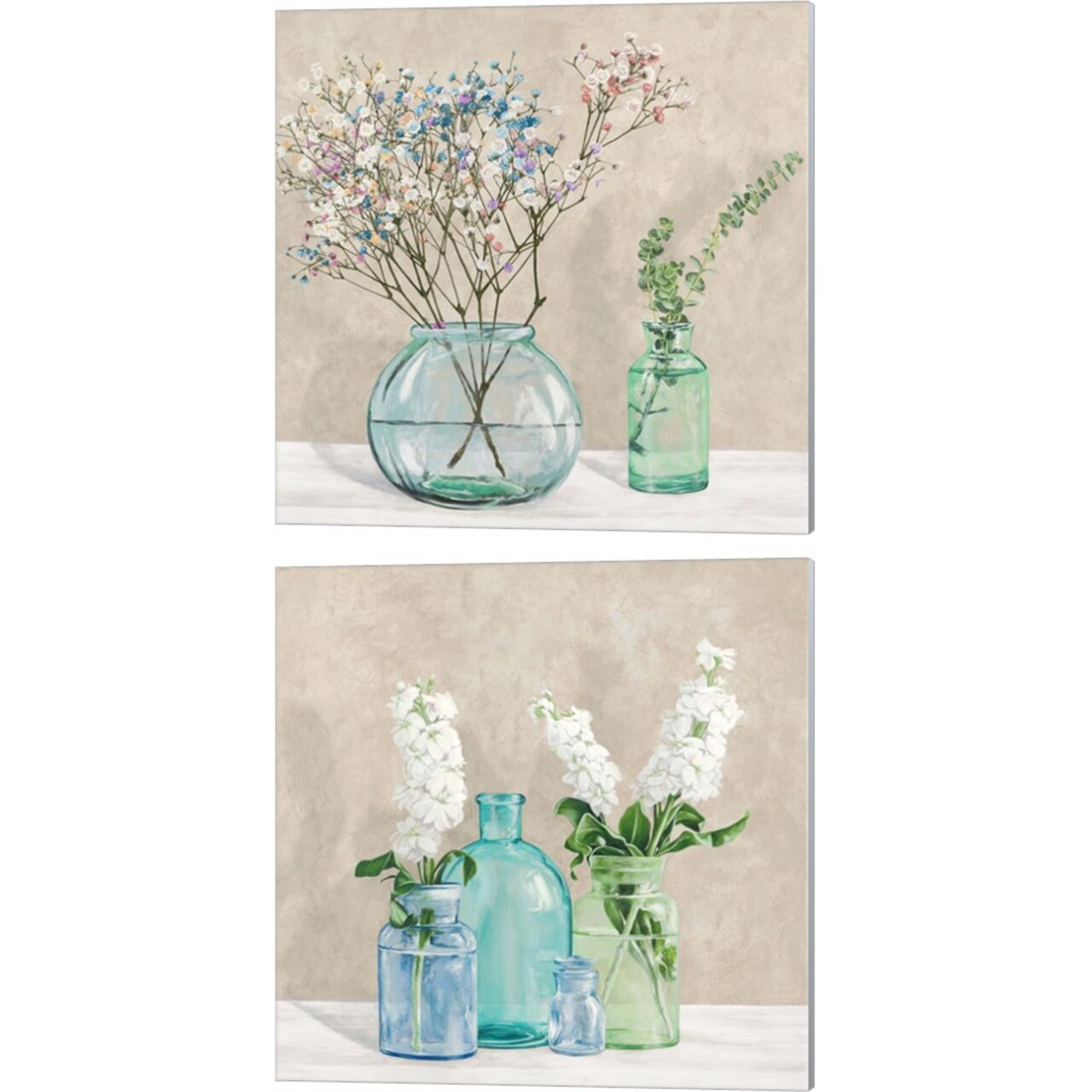 Floral Setting with Glass Vases by Jenny Thomlinson 14" x 14" Canvas Wall Art (Set of 2)